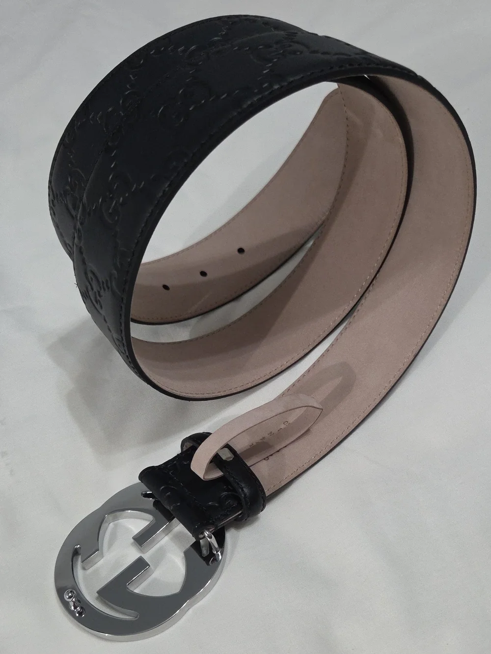 Gucci Black Leather Monogram Belt Silver Double GG Buckle 95cm